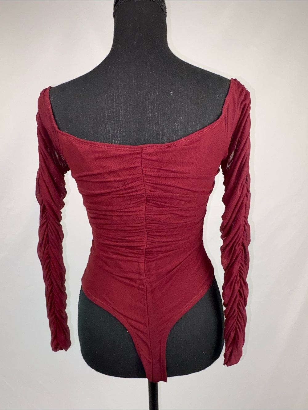 Burgundy bodysuit Deep V-neck Ruched Sheer Long-Sleeve - Picture 5 of 10